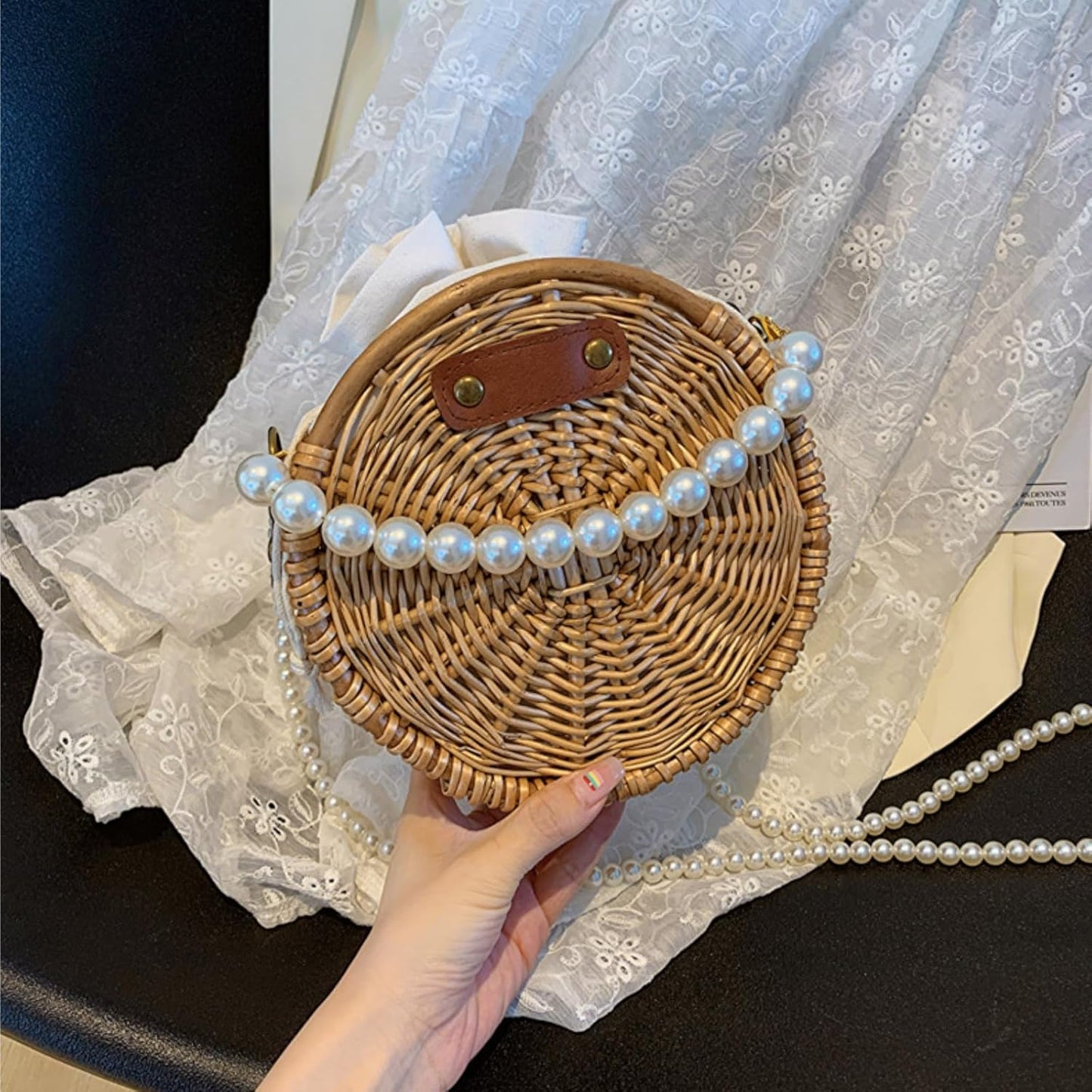 Round Rattan Bag, 8" Hand-woven Wicker Basket Purse, Boho Crossbody Handbag With Pearl Strap Handle, Retro Summer Beach Straw Tote Clutch for Women