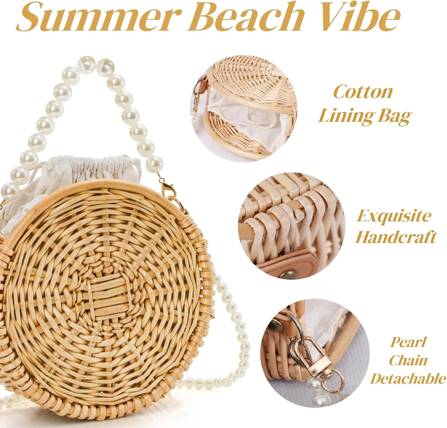 Round Rattan Bag, 8" Hand-woven Wicker Basket Purse, Boho Crossbody Handbag With Pearl Strap Handle, Retro Summer Beach Straw Tote Clutch for Women