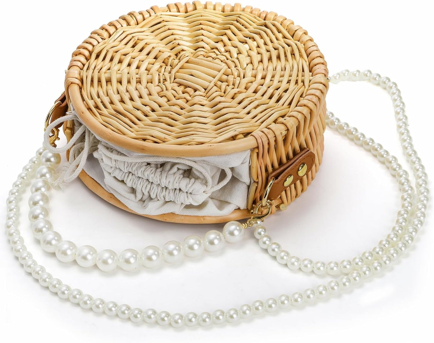 Round Rattan Bag, 8" Hand-woven Wicker Basket Purse, Boho Crossbody Handbag With Pearl Strap Handle, Retro Summer Beach Straw Tote Clutch for Women