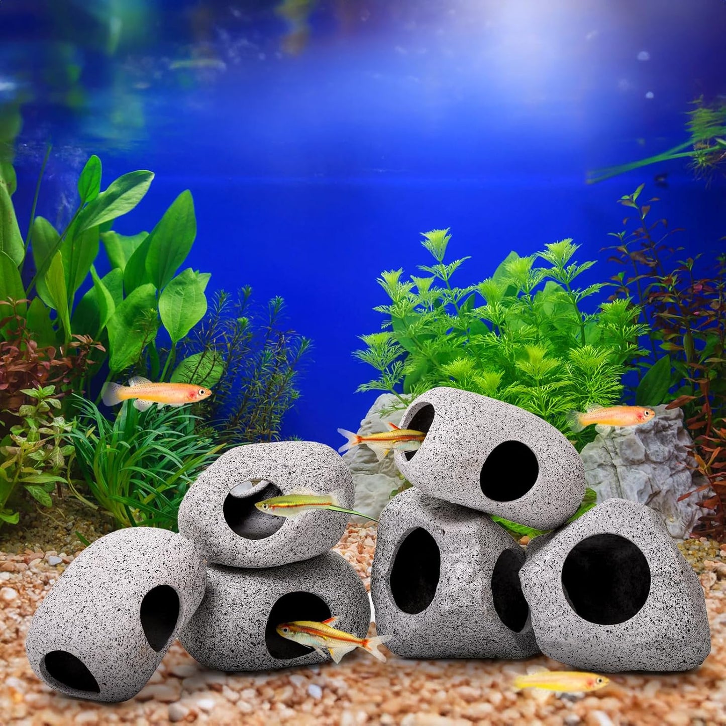 6 Pack Aquarium Decoration Rock Caves, Betta Fish Tank Hideaway, Hideout Stones House Decor for Cichlid Shrimp Territorial Hiding Breeding Spawning, Ornaments