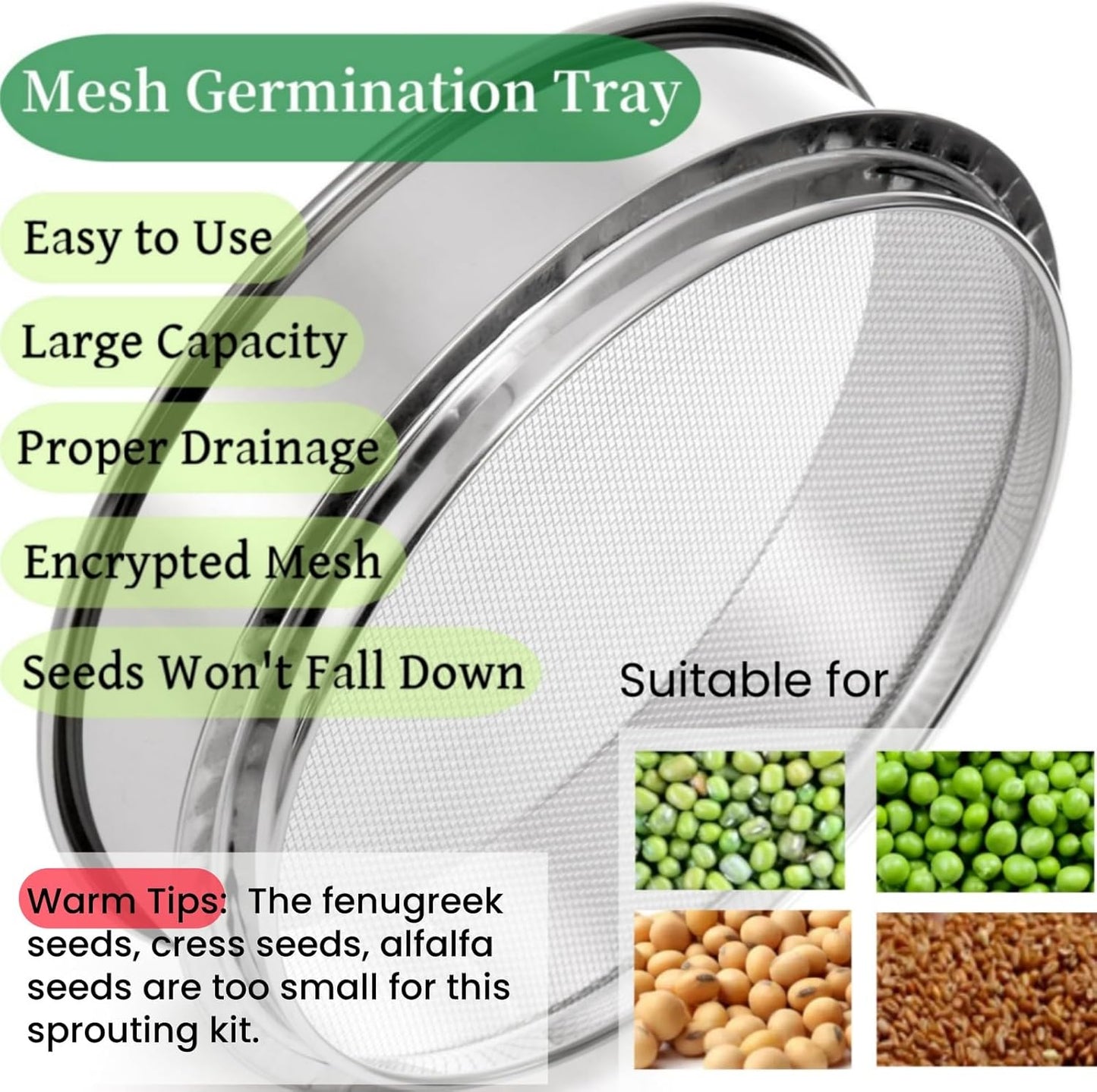9" Stackable Stainless Steel Seed Sprouting Kit, 3-Tier Mesh Germination Tray, Sprout Grower with Lid Base, Microgreens Propagator for Beans Peas Broccoli Wheat Grass, Soil Free