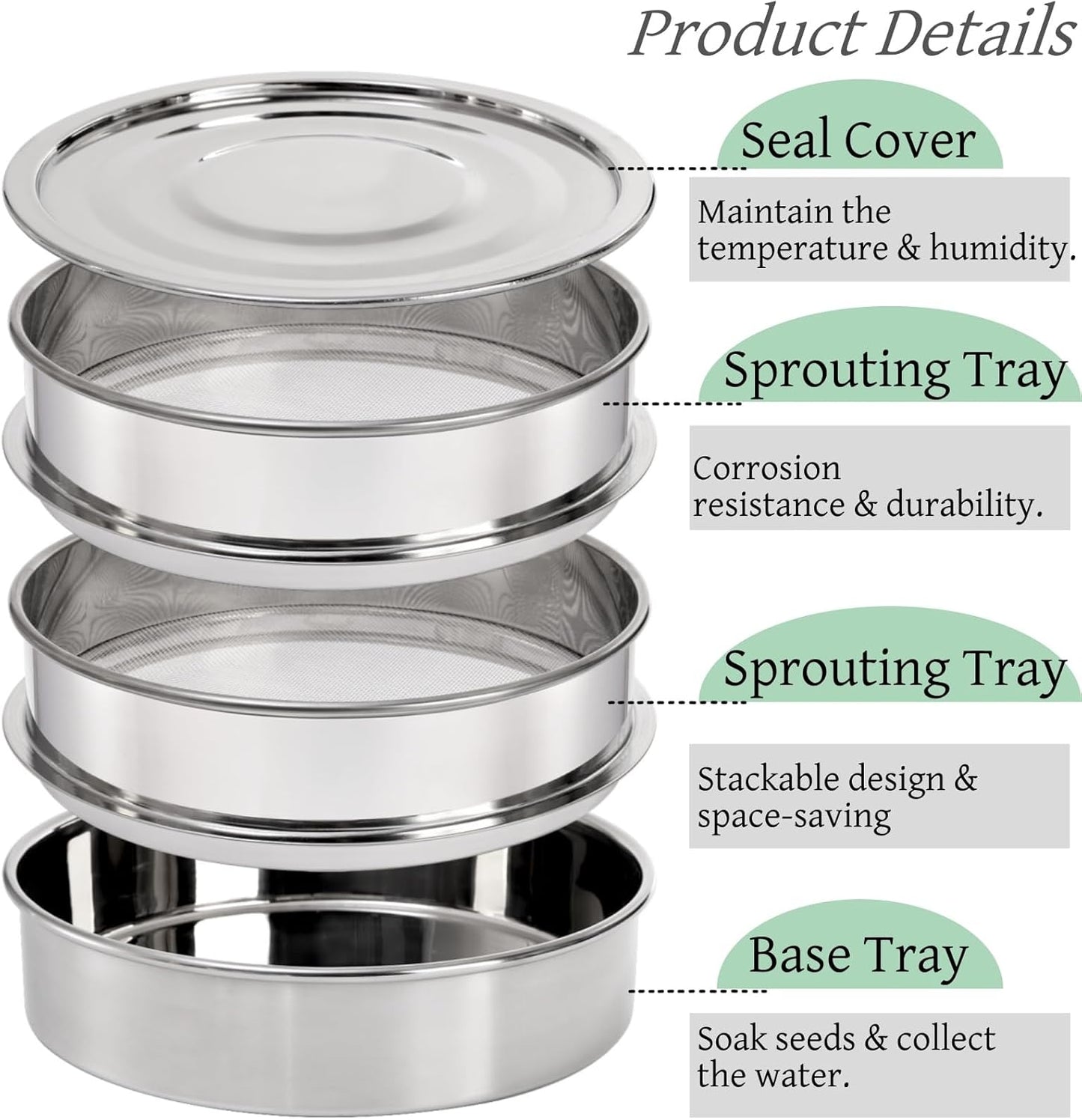 9" Stackable Stainless Steel Seed Sprouting Kit, 3-Tier Mesh Germination Tray, Sprout Grower with Lid Base, Microgreens Propagator for Beans Peas Broccoli Wheat Grass, Soil Free