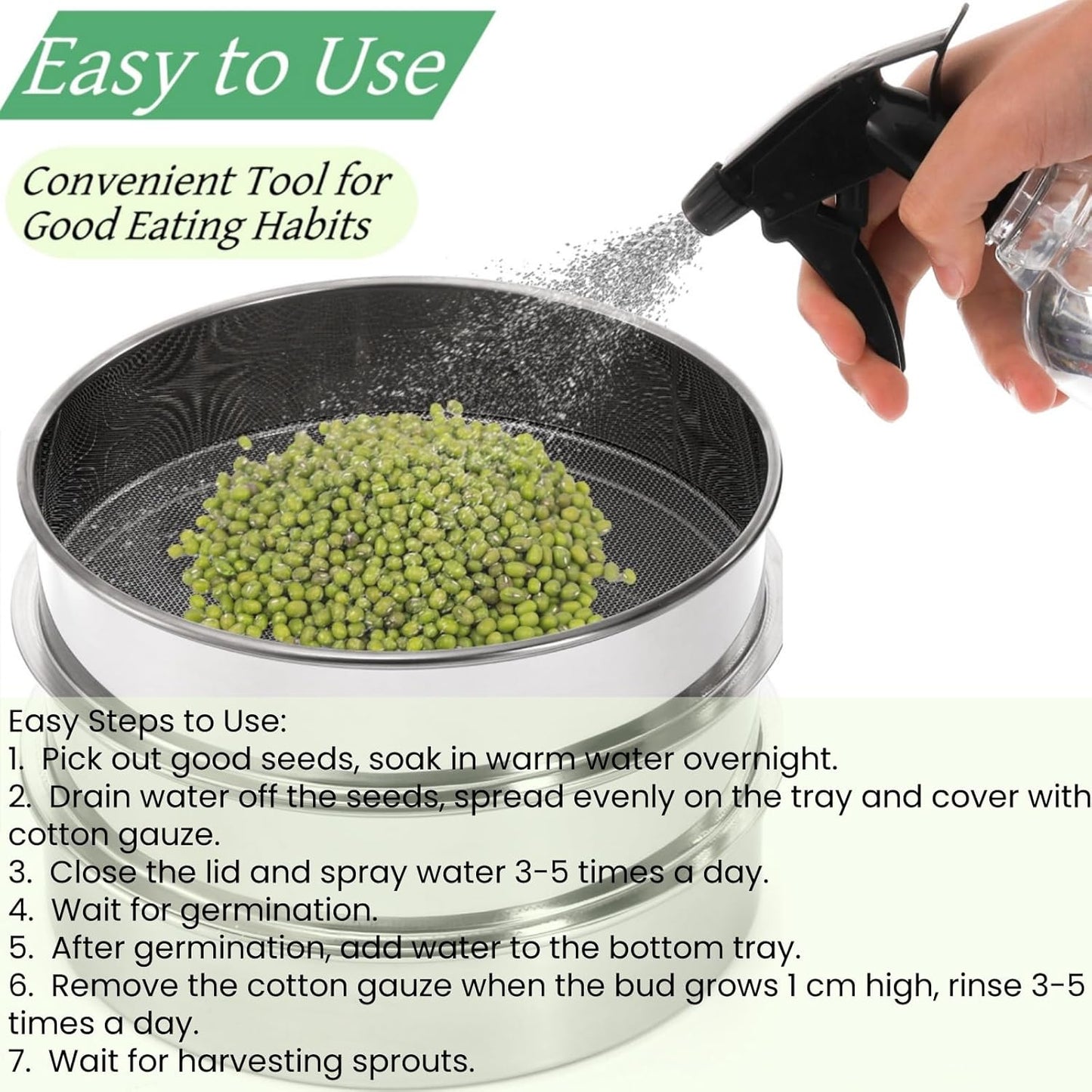 9" Stackable Stainless Steel Seed Sprouting Kit, 3-Tier Mesh Germination Tray, Sprout Grower with Lid Base, Microgreens Propagator for Beans Peas Broccoli Wheat Grass, Soil Free