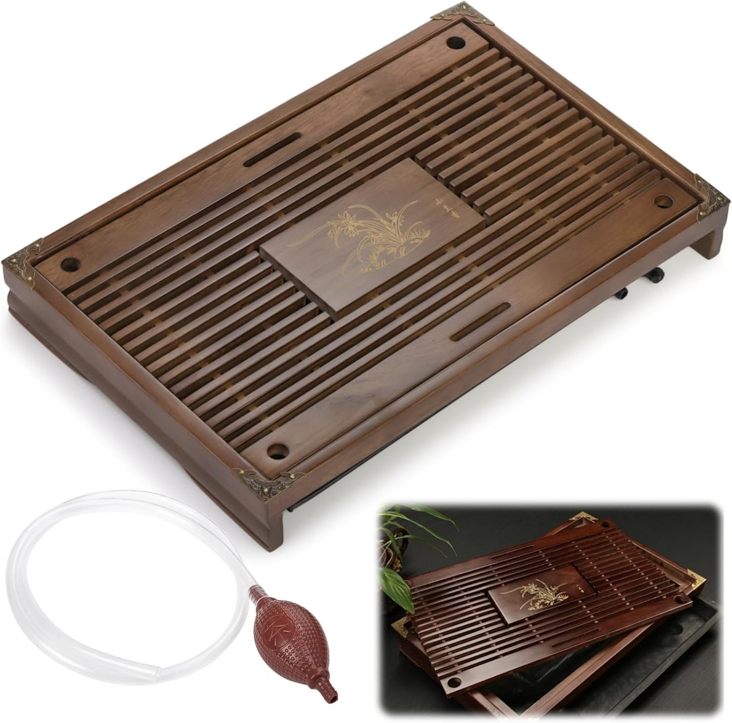 Wooden Tea Tray, 17 Inch Chinese Kung Fu Gongfu Table with Water Storage Box, Household Filter Serving Tray Gift Set for Home, Office, Bar