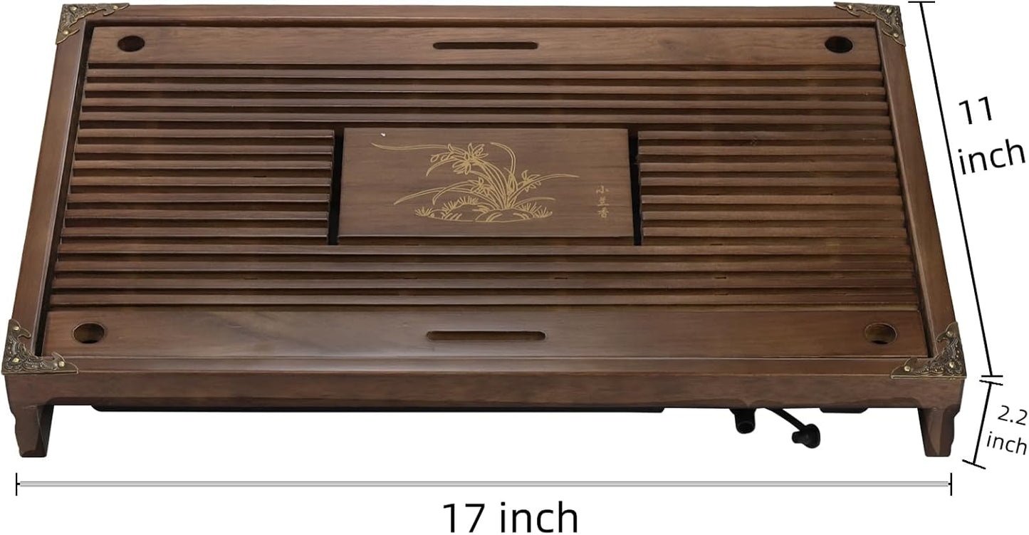 Wooden Tea Tray, 17 Inch Chinese Kung Fu Gongfu Table with Water Storage Box, Household Filter Serving Tray Gift Set for Home, Office, Bar