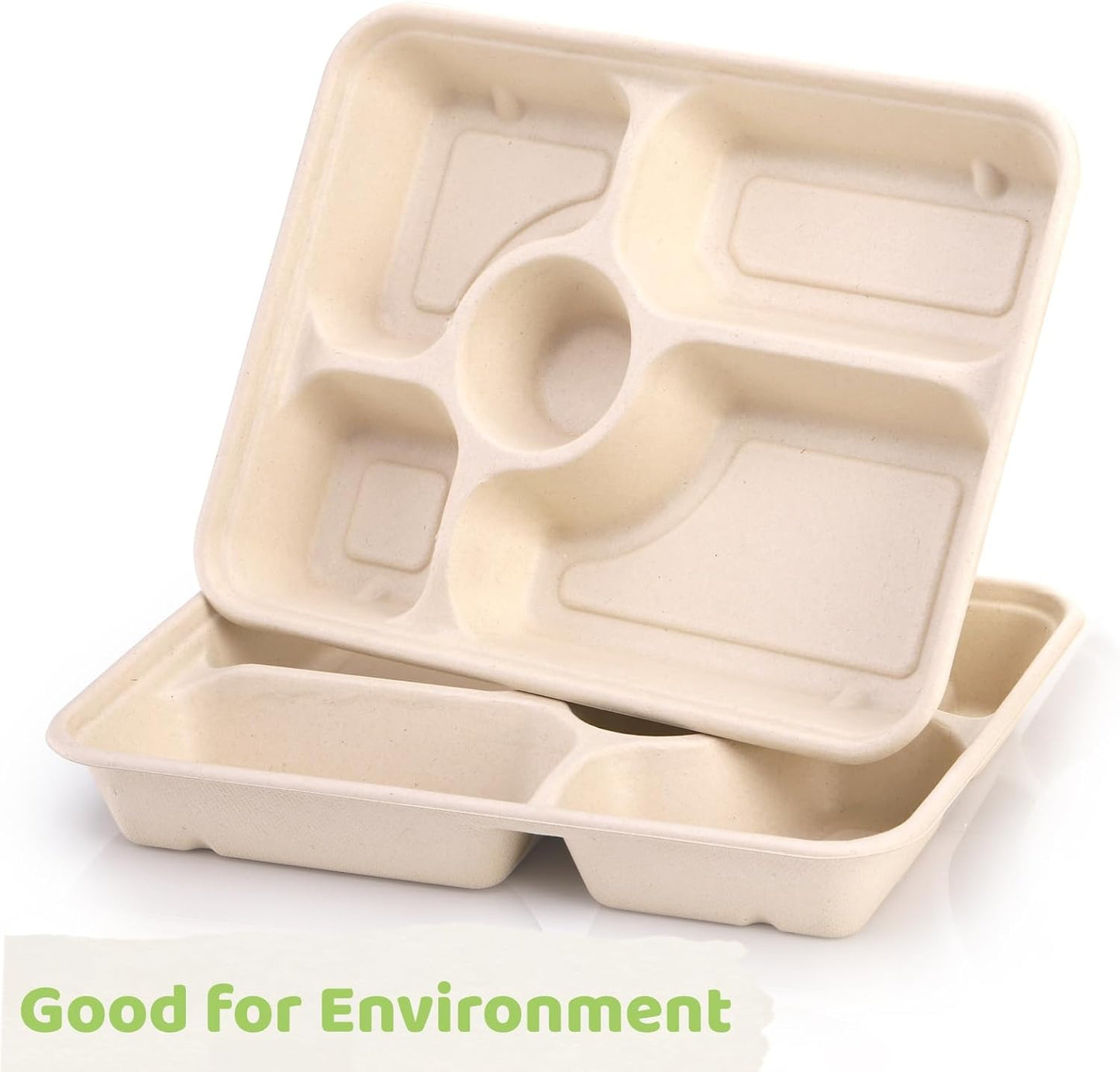 50 Pack 5 Compartment Disposable Paper Plates, 11" x 8" Compostable Bagasse School Lunch Tray, Heavy-Duty Sectional Sugarcane Plate, Divided Platter Tray for Buffet Party, Microwave Safe