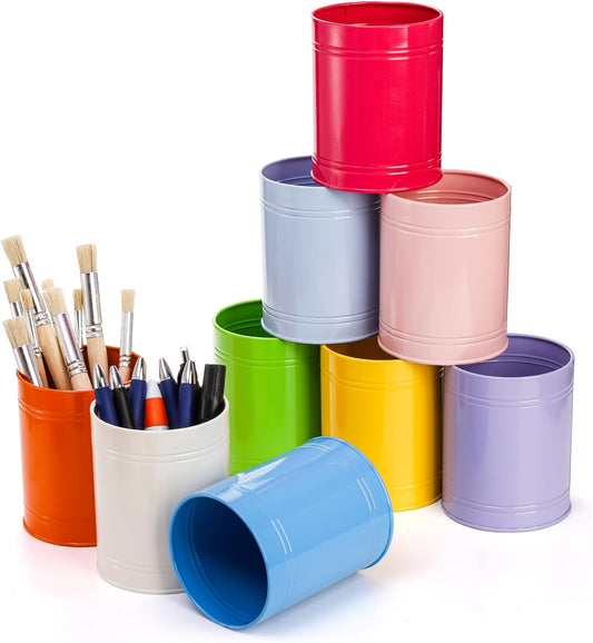 9 Pack Metal Pen Holder, Colorful Desktop Pencil Cup, Mini Stationary Supplies Buckets, Round Makeup Brush Storage Organizers for Office Home School Classroom Accessory, 3.5 x 4.5 Inches