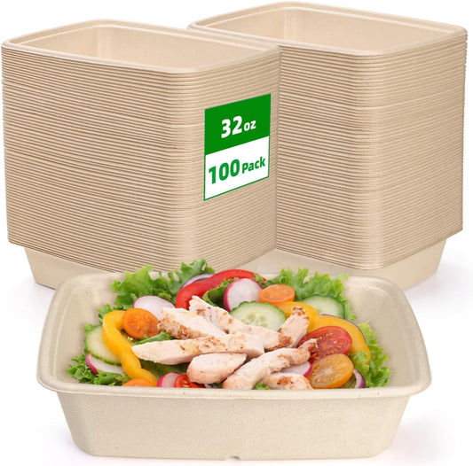 100 Pack 32 oz Rectangle Paper Bowls, 9" Disposable Large Salad Bowl, Microwavable Bagasse Lunch Plate for School, Heavy Duty Food Catering Container Burrito Baked Potato Taco Nacho Party