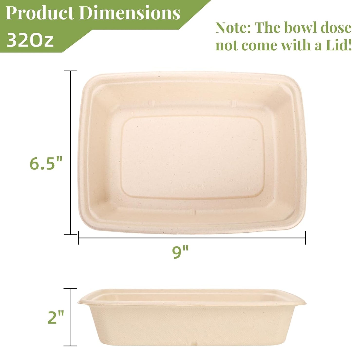 100 Pack 32 oz Rectangle Paper Bowls, 9" Disposable Large Salad Bowl, Microwavable Bagasse Lunch Plate for School, Heavy Duty Food Catering Container Burrito Baked Potato Taco Nacho Party
