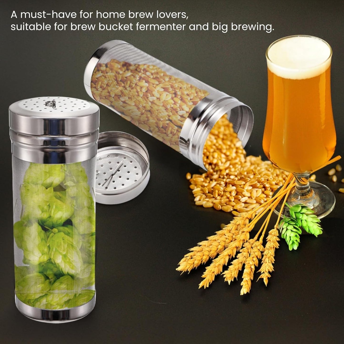 2 Pack Beer Dry Hopper Filters, 2.8 x 7 inch 300 Micron Mesh Hop Strainer with Lid, Stainless Steel Spider Nylon Bristles, Brewing Filters Straining Keg for Home Coffee Wine Juice