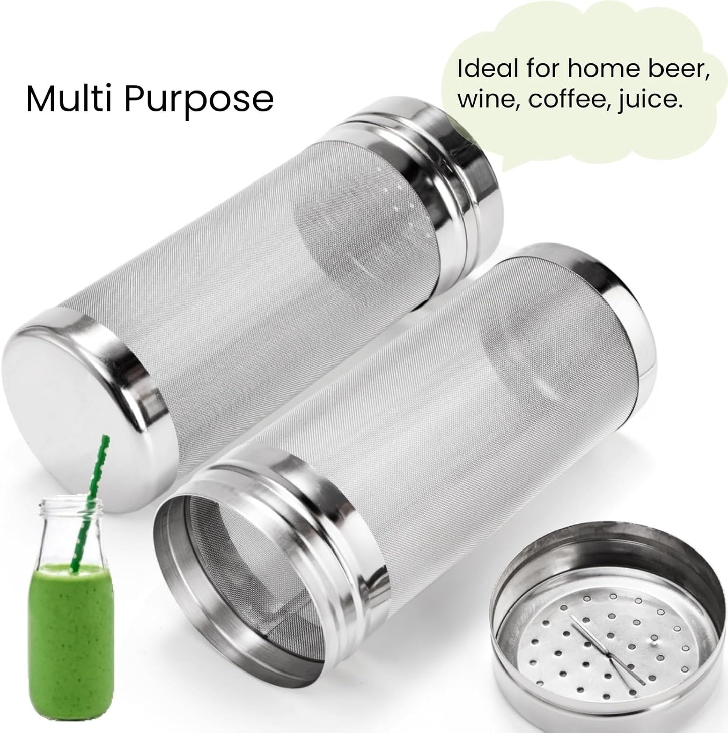 2 Pack Beer Dry Hopper Filters, 2.8 x 7 inch 300 Micron Mesh Hop Strainer with Lid, Stainless Steel Spider Nylon Bristles, Brewing Filters Straining Keg for Home Coffee Wine Juice