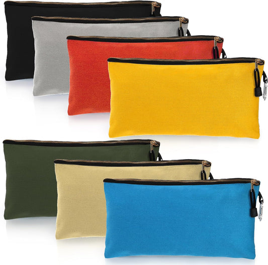 7 Pack Canvas Tool Pouch, 16 OZ Heavy Duty Zipper Utility Bags, 12" x 7" Multipurpose Storage Organizer Tote Bag with Carabiner for Gadgets Cosmetics Office Supplies, Assorted Colors