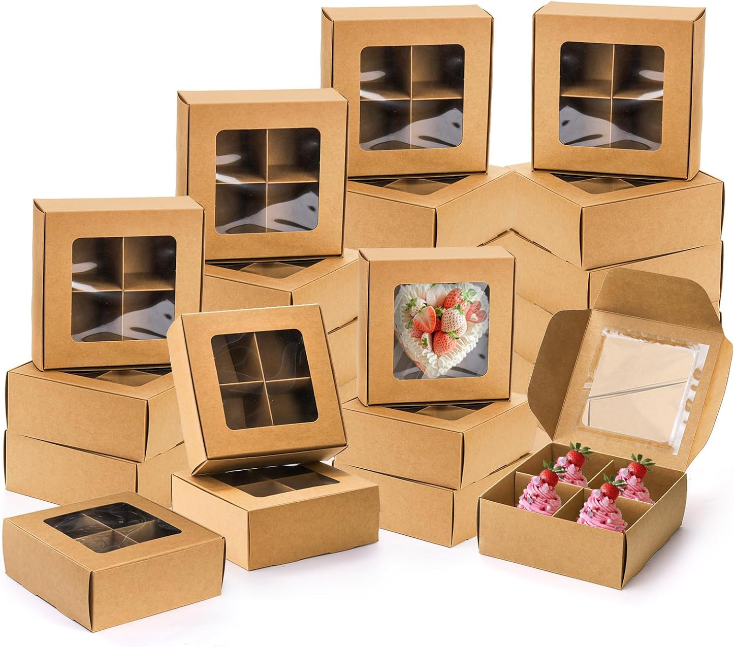 40 Pack Brown Bakery Boxes with Window and Dividers, 6 x Inch Mini Pastry 4 Compartments, Kraft Treats Gift Inserts, Cupcake Packaging Containers for Pastries Biscuits