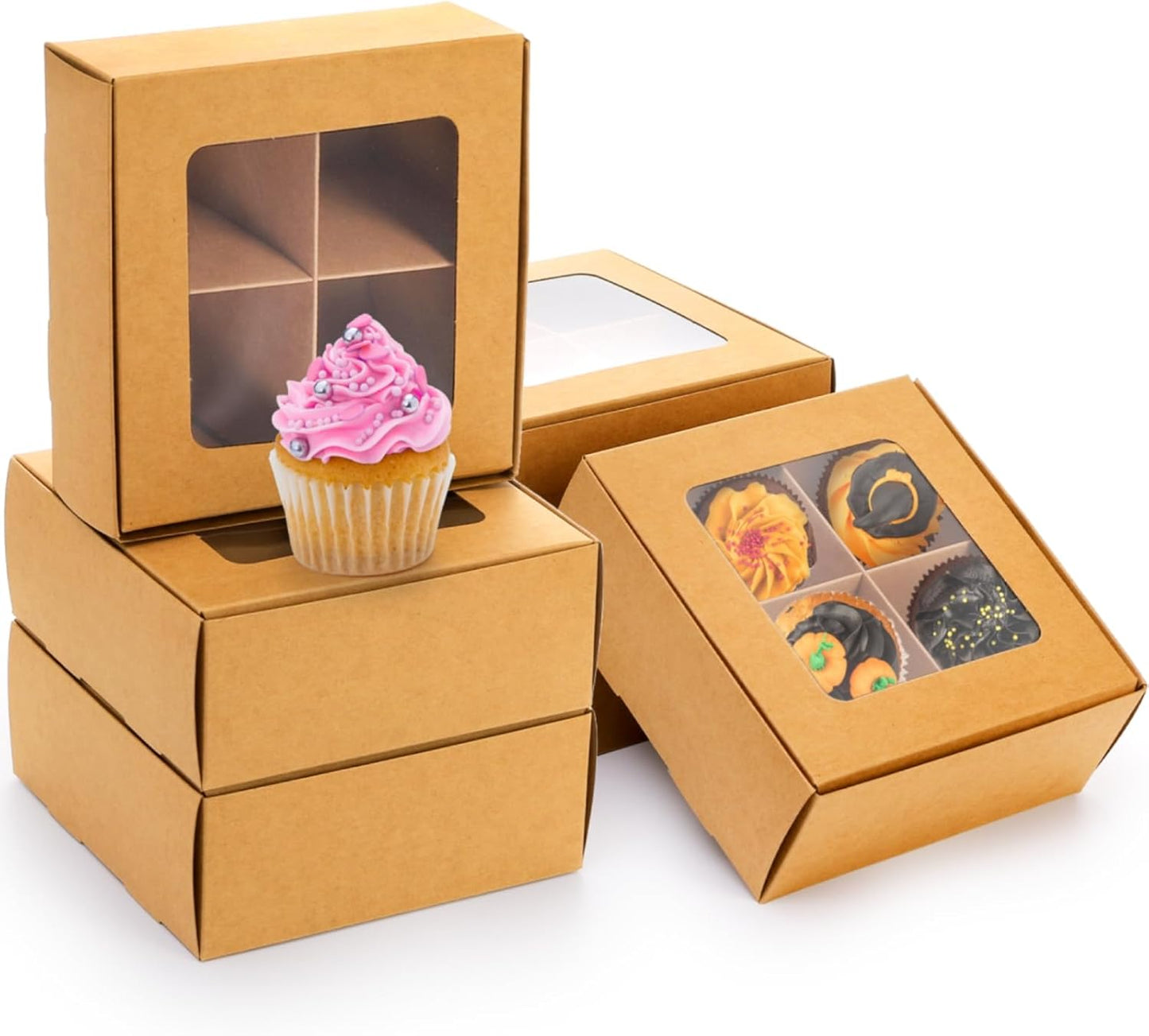 40 Pack Brown Bakery Boxes with Window and Dividers, 6 x Inch Mini Pastry 4 Compartments, Kraft Treats Gift Inserts, Cupcake Packaging Containers for Pastries Biscuits