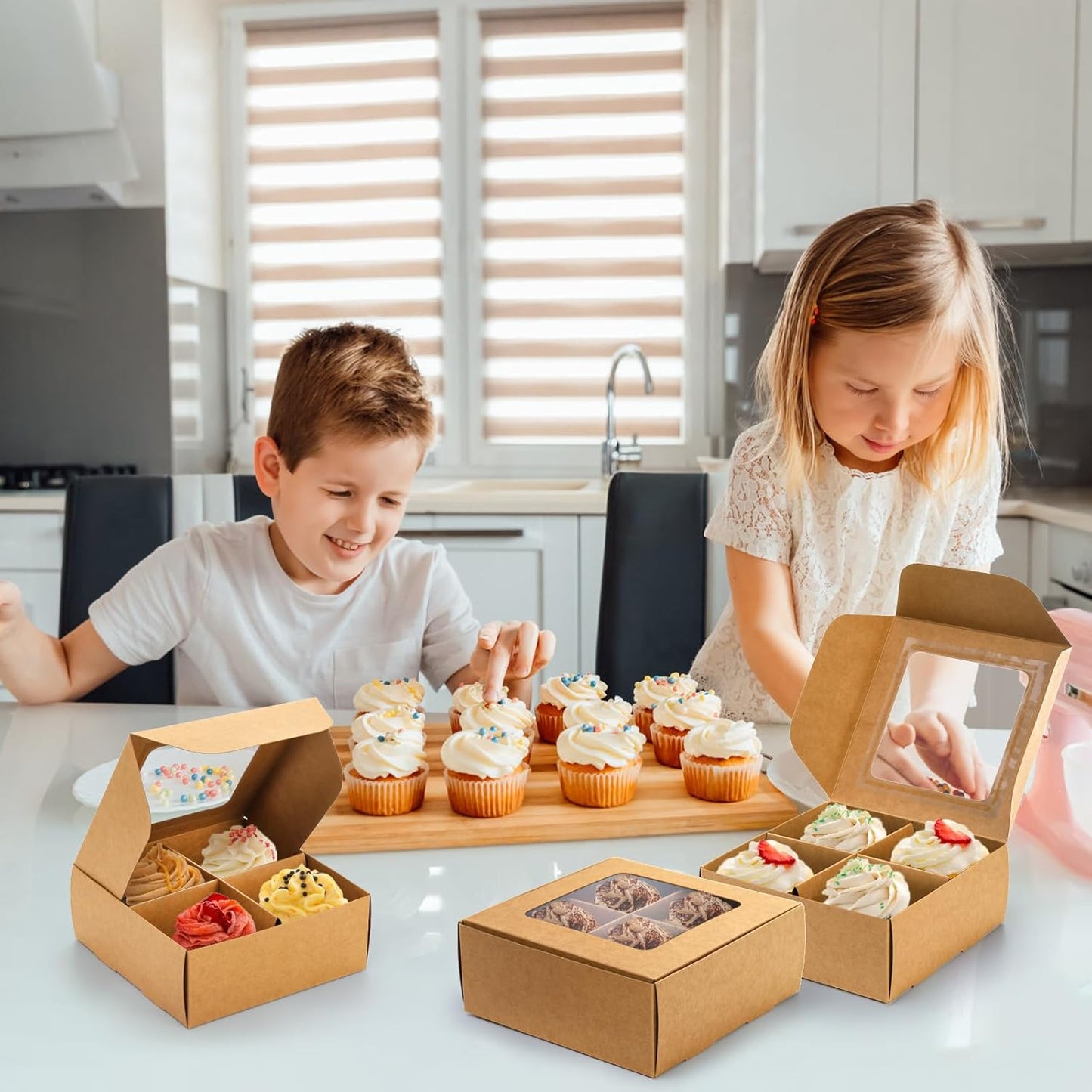 40 Pack Brown Bakery Boxes with Window and Dividers, 6 x Inch Mini Pastry 4 Compartments, Kraft Treats Gift Inserts, Cupcake Packaging Containers for Pastries Biscuits
