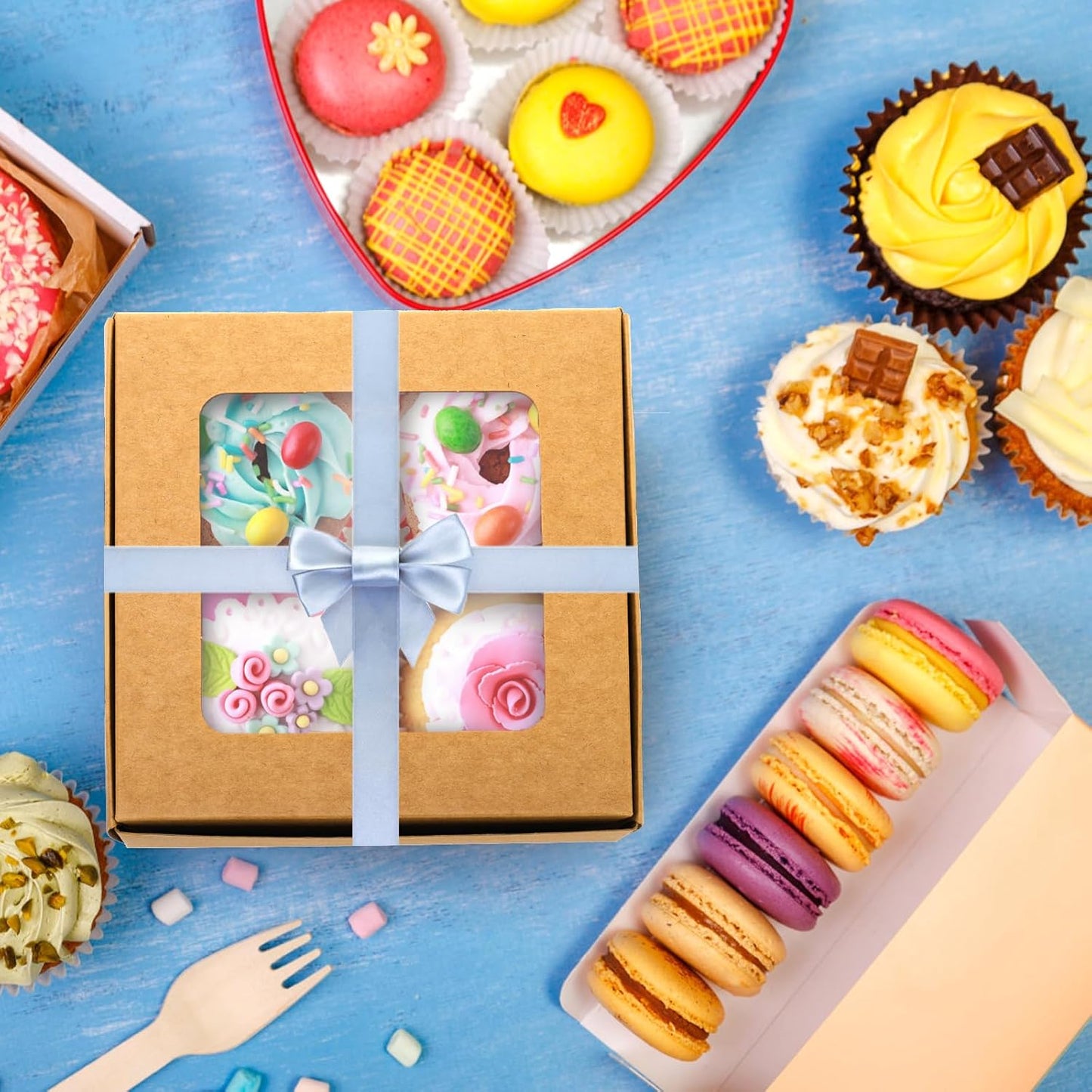 40 Pack Brown Bakery Boxes with Window and Dividers, 6 x Inch Mini Pastry 4 Compartments, Kraft Treats Gift Inserts, Cupcake Packaging Containers for Pastries Biscuits