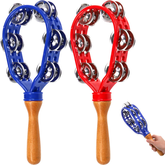 2 Pack 12" Tambourine for Adults, Double Row Metal Jingles Hand Held Tambourine, Plastic Wooden Percussion Instrument, Musical Bells School Party Church Concerts