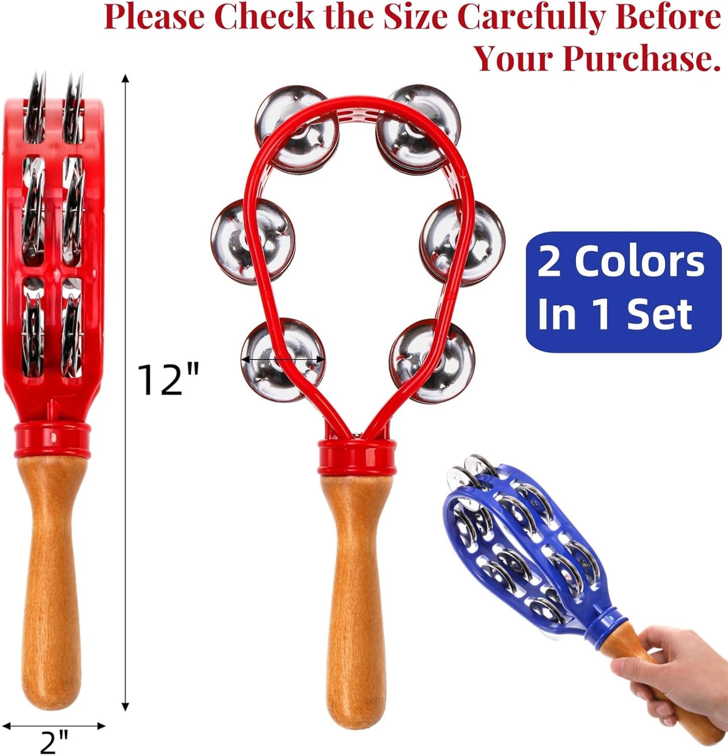 2 Pack 12" Tambourine for Adults, Double Row Metal Jingles Hand Held Tambourine, Plastic Wooden Percussion Instrument, Musical Bells School Party Church Concerts