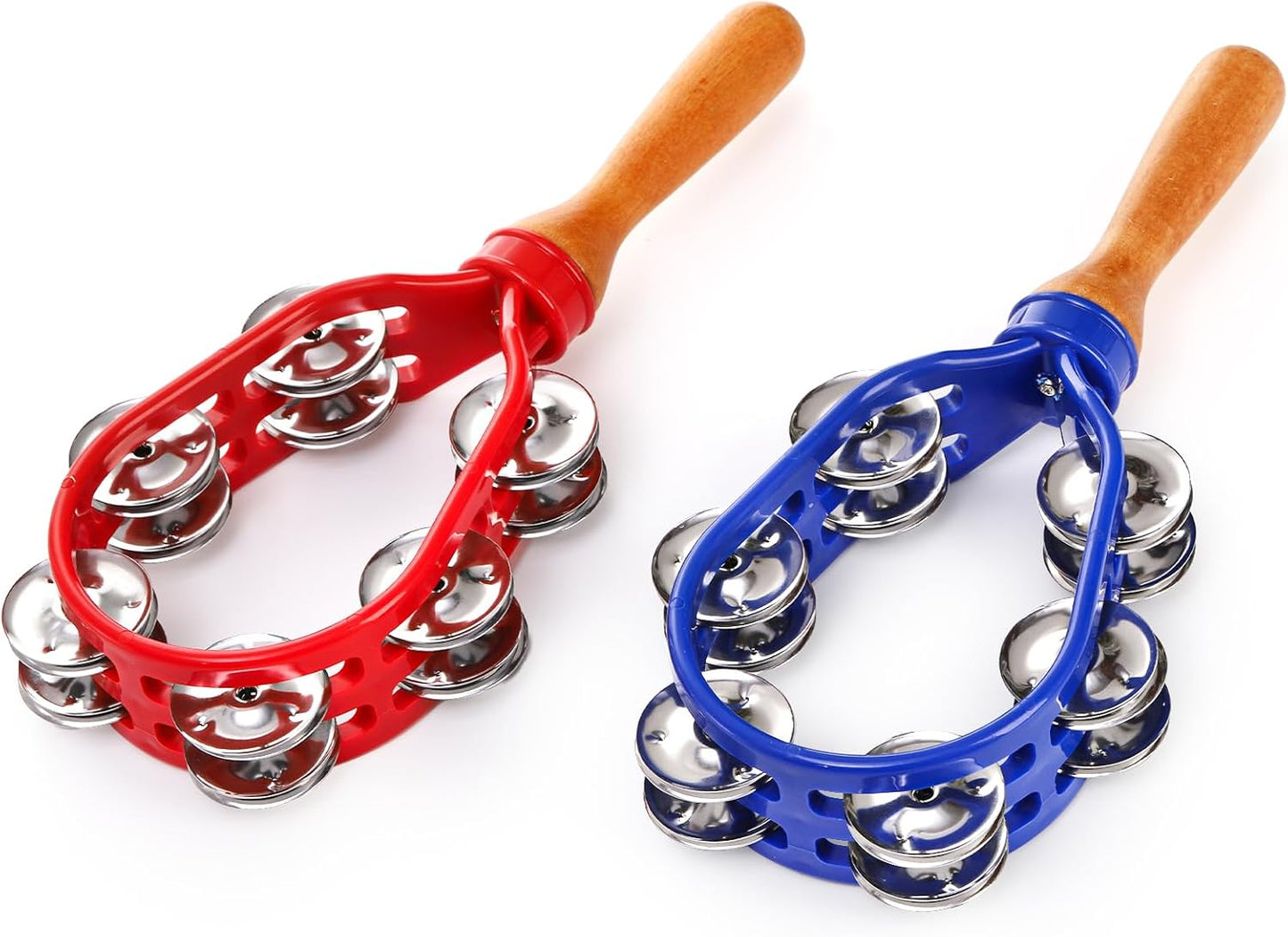 2 Pack 12" Tambourine for Adults, Double Row Metal Jingles Hand Held Tambourine, Plastic Wooden Percussion Instrument, Musical Bells School Party Church Concerts