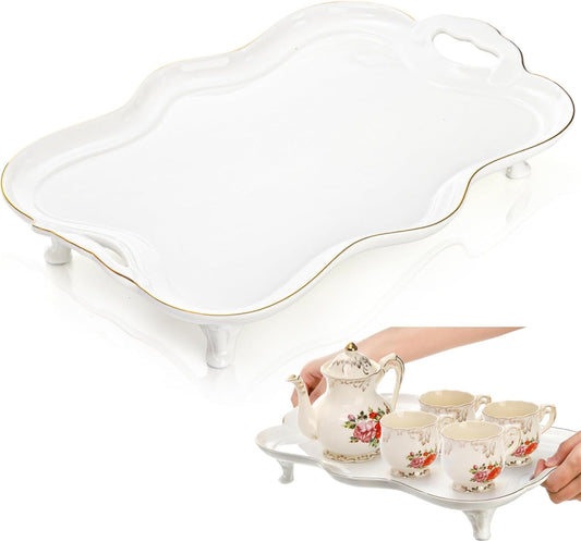 16" Ceramic Serving Tray with Handles, Vintage Large Platter, Luxury British Style Coffee Table Tray, Decorative Dish Golden Rim, Rectangular Tea for Perfume Living Room
