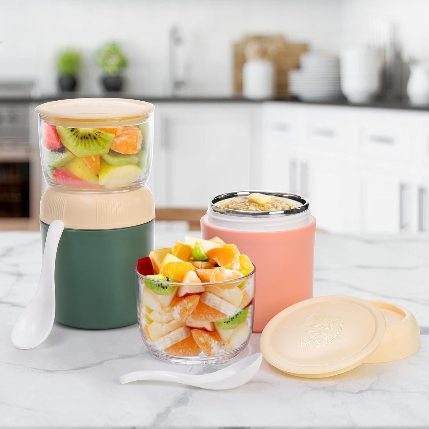 2 Pack Insulated Yogurt Container, 24oz Breakfast On the Go Cup with Plastic Topping Cereal Oatmeal Cup, 2-in-1 Food Storage Jar Lid and Spoon, Overnight Oats Container for Soup Lunch