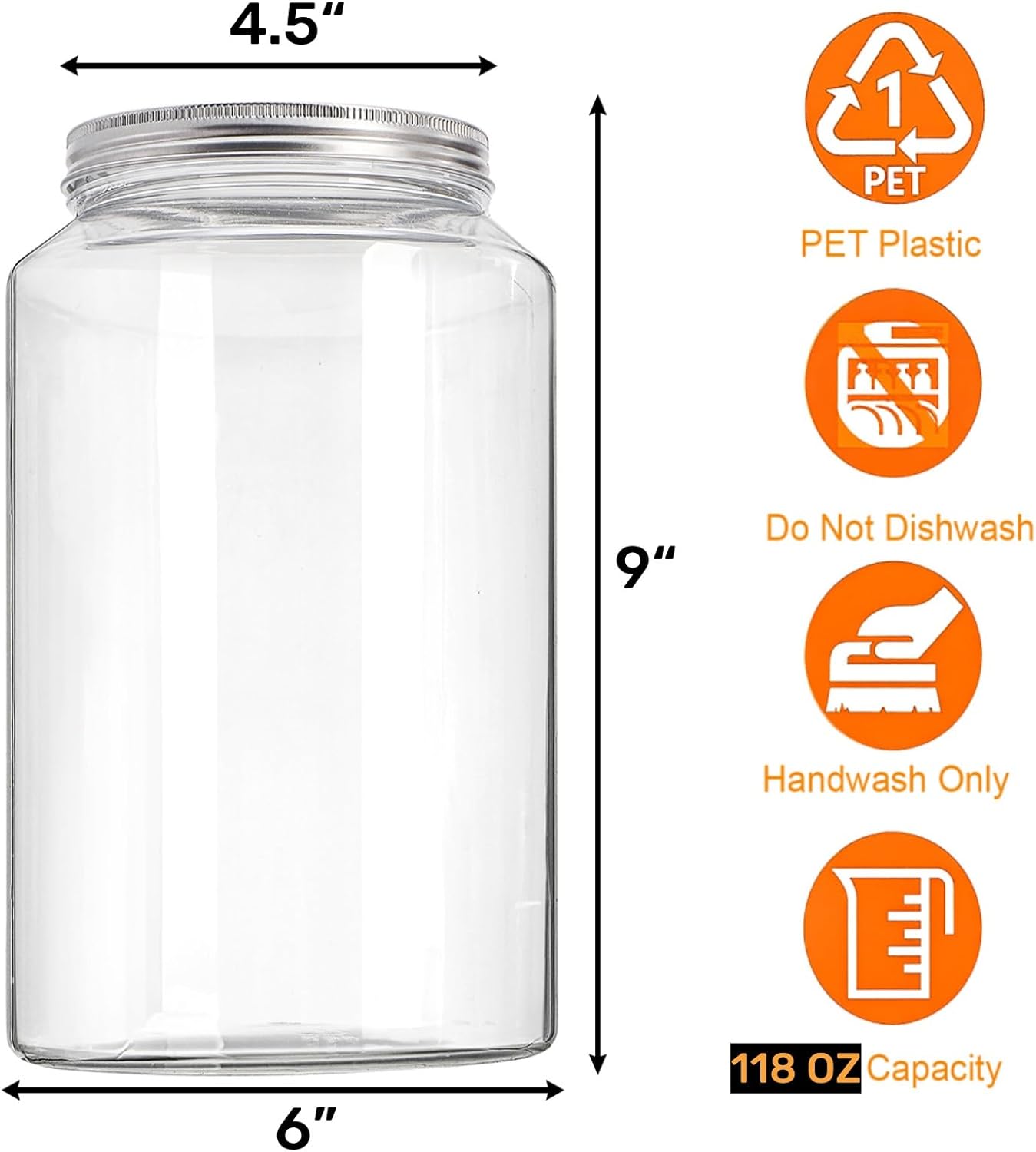 2 Pack 1 Gallon Extra Large Clear Plastic Jars, 118 OZ Food Storage Container with Lid, BPA Free Wide Mouth Jar, Reusable Airtight Mason Jug for Dry Goods, Candy, Fermenting, Pickling