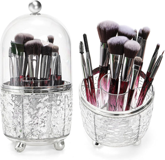 Rotating Makeup Brush Holder, Dustproof Cosmetic Tools Organizer with Lid, 360° Spinning Covered Brushes Storage Anti-slip Pads for Vanity, Bathroom Countertop & Bedside Table, Clear