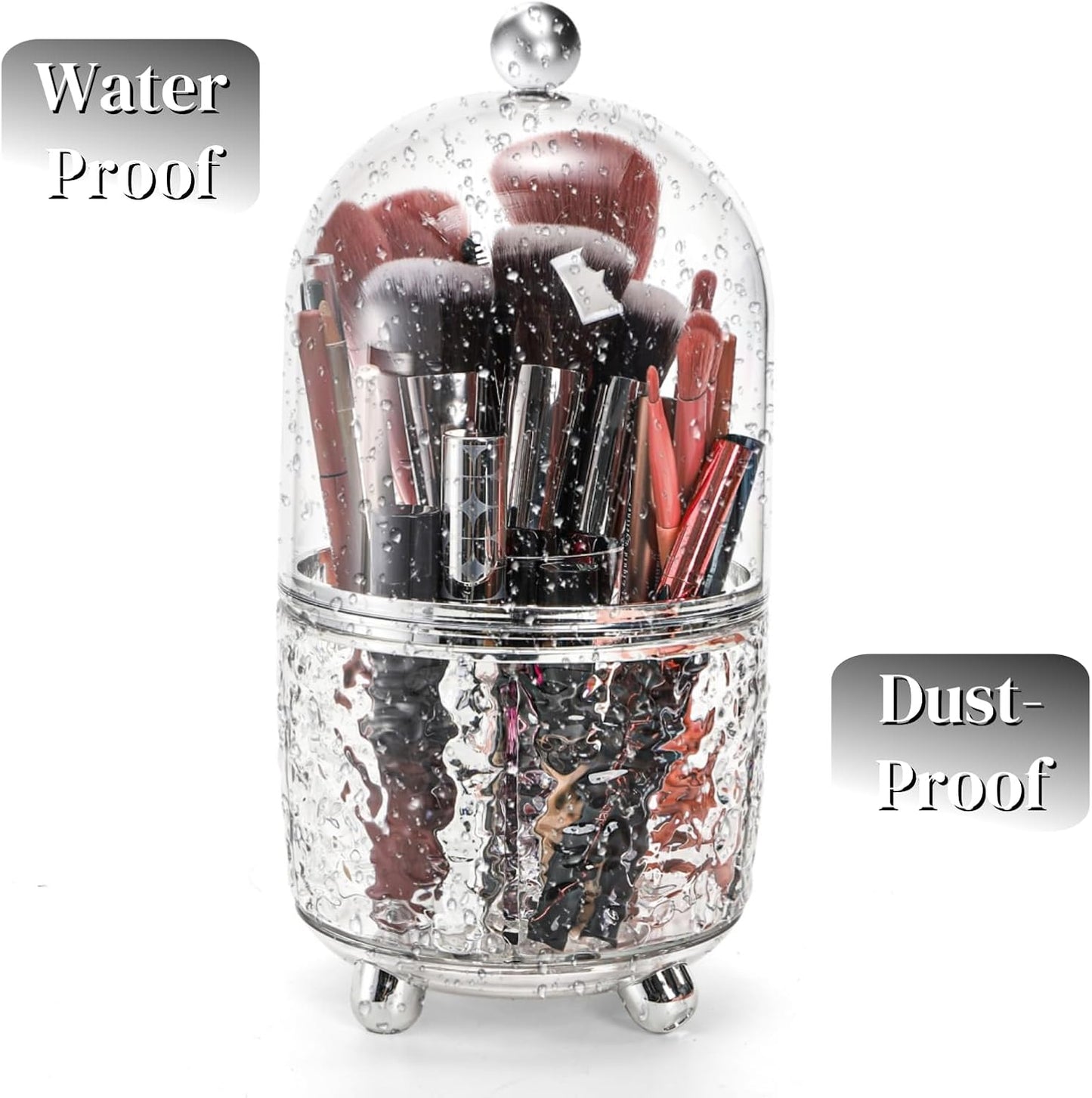 Rotating Makeup Brush Holder, Dustproof Cosmetic Tools Organizer with Lid, 360° Spinning Covered Brushes Storage Anti-slip Pads for Vanity, Bathroom Countertop & Bedside Table, Clear