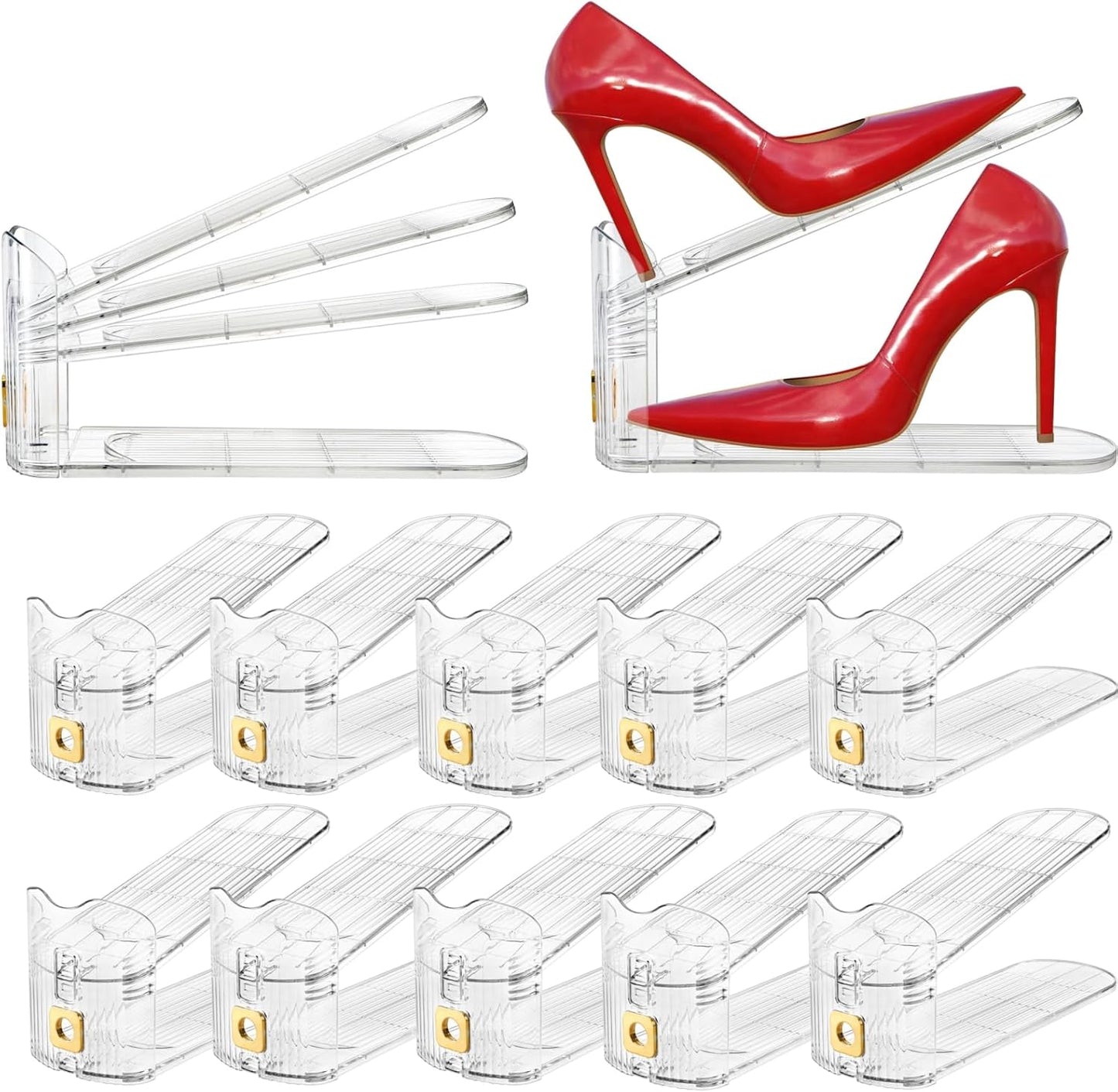 10 Pack Clear Shoe Slot Organizer, 11" Adjustable Shoes Stacker for Closet, Double Deck Display Shelf a Pair of Shoes, Anti-slip Rack Holder Storage Space Saver