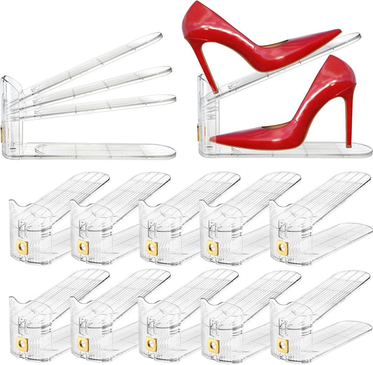 10 Pack Clear Shoe Slot Organizer, 11" Adjustable Shoes Stacker for Closet, Double Deck Display Shelf a Pair of Shoes, Anti-slip Rack Holder Storage Space Saver