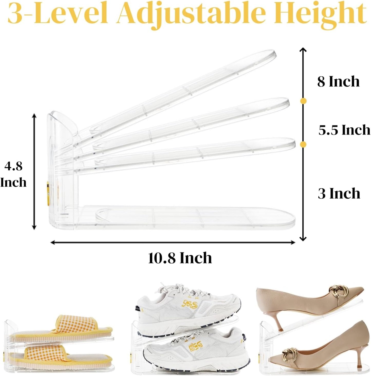 10 Pack Clear Shoe Slot Organizer, 11" Adjustable Shoes Stacker for Closet, Double Deck Display Shelf a Pair of Shoes, Anti-slip Rack Holder Storage Space Saver