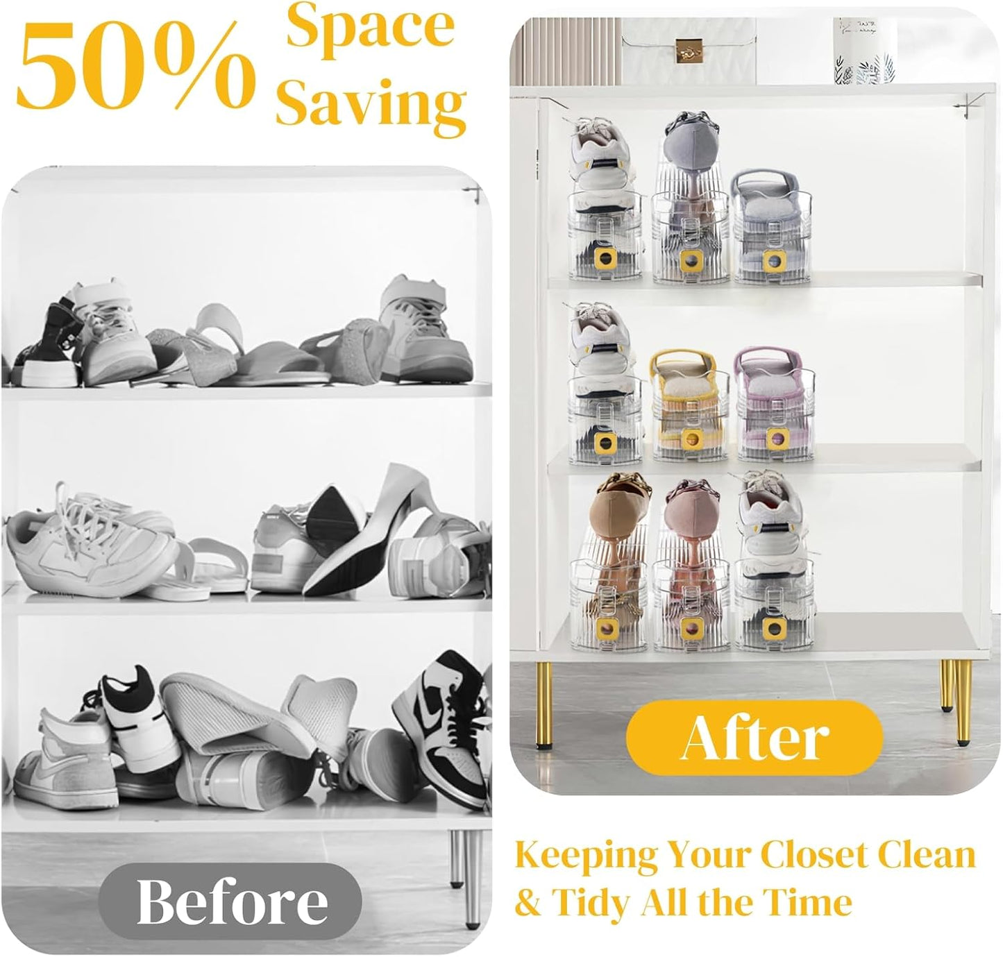 10 Pack Clear Shoe Slot Organizer, 11" Adjustable Shoes Stacker for Closet, Double Deck Display Shelf a Pair of Shoes, Anti-slip Rack Holder Storage Space Saver