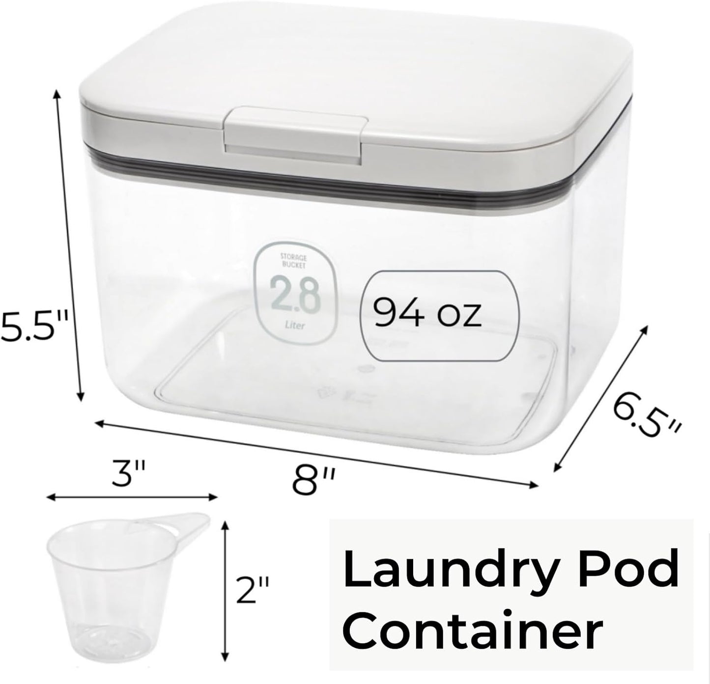 94 OZ/2.8L Laundry Pods Container, One-Press Lid Powder Holder Dispenser, Clear PET Detergent Sheet Organizer with Measuring Cup for Booster Beads, Dryer Balls, Flour, Pet Food