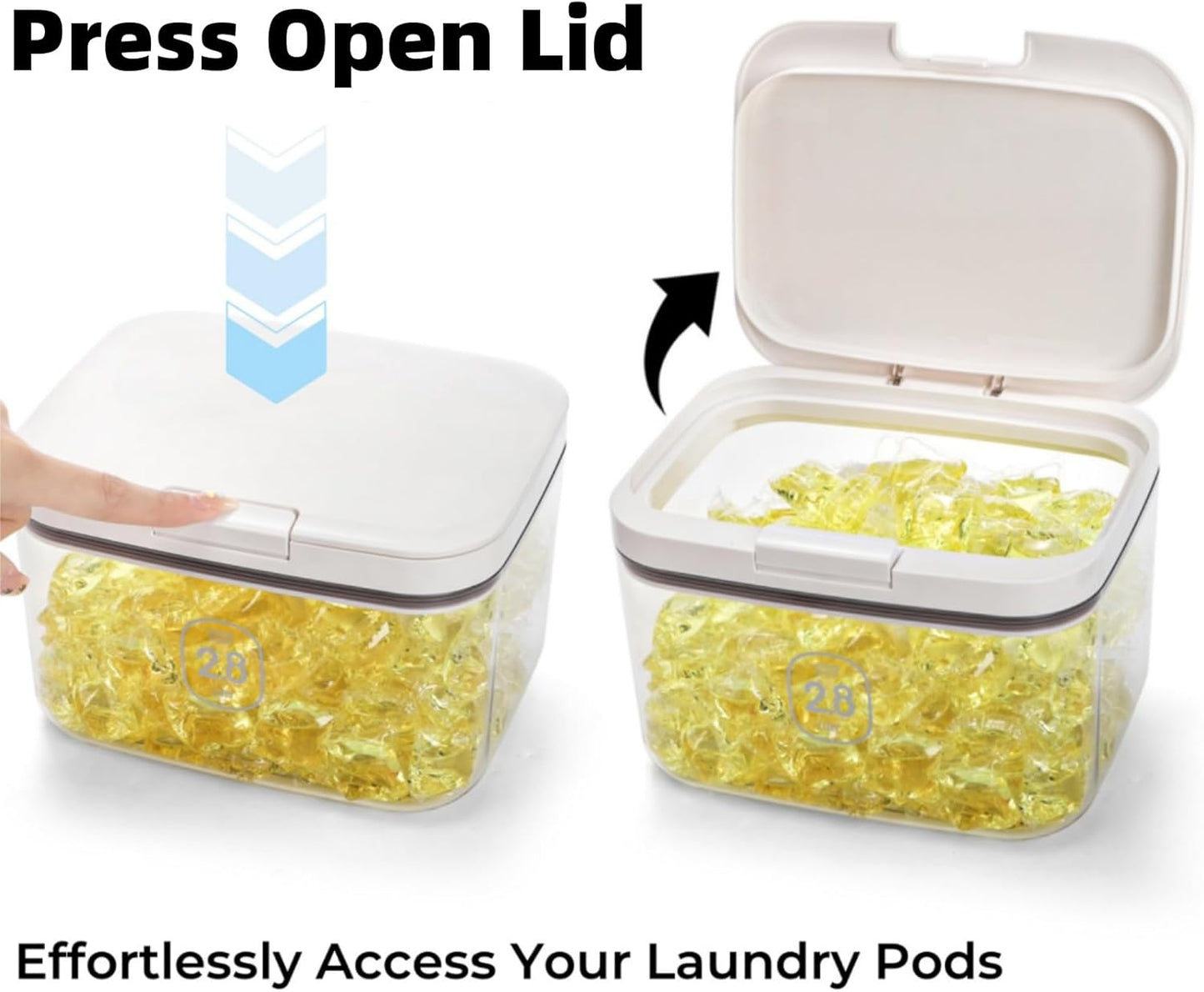 94 OZ/2.8L Laundry Pods Container, One-Press Lid Powder Holder Dispenser, Clear PET Detergent Sheet Organizer with Measuring Cup for Booster Beads, Dryer Balls, Flour, Pet Food