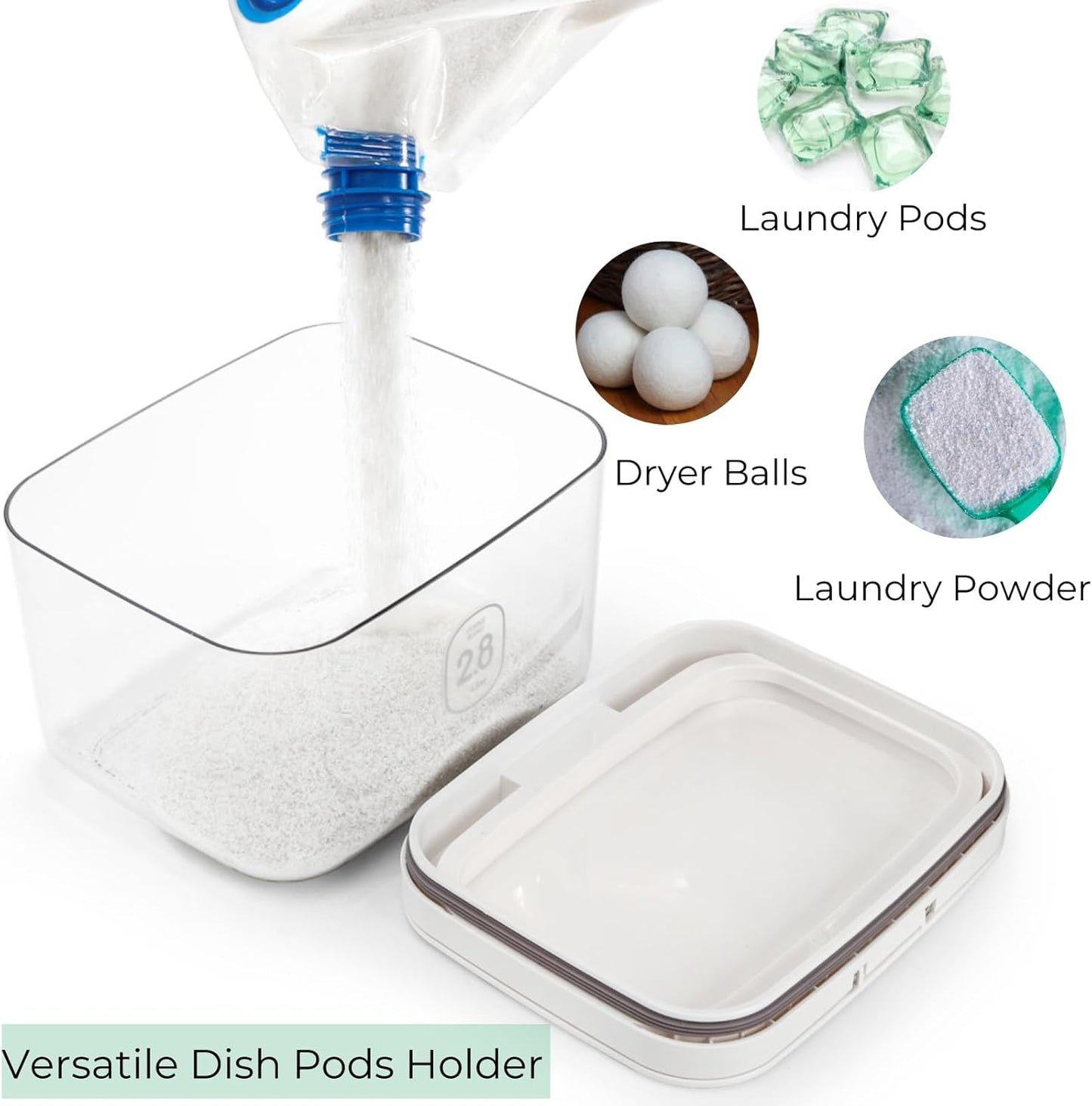 94 OZ/2.8L Laundry Pods Container, One-Press Lid Powder Holder Dispenser, Clear PET Detergent Sheet Organizer with Measuring Cup for Booster Beads, Dryer Balls, Flour, Pet Food