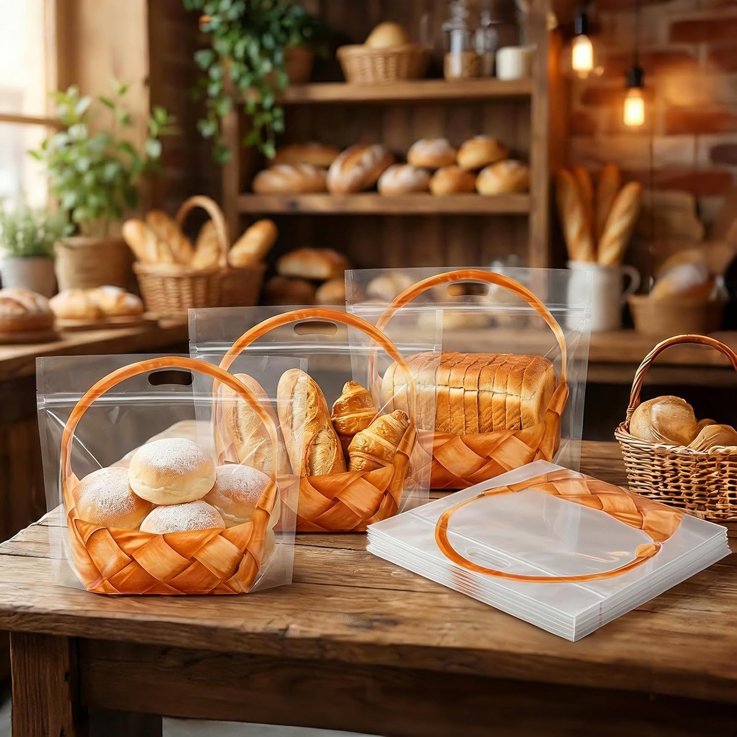 100 Pack Clear Plastic Bread Bags with Handle, 12.5 x 10.4 Inch Large Zipper Toast Bag, Portable Loaf Sealing Basket Pattern, Sourdough Packaging Organizer for Cookie Bakery