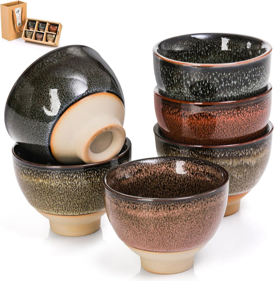 6 Pack 2oz Ceramic Tea Sake Cups, Handcrafted Chinese Kungfu Cup, Japanese Cup Set, Small for Soju Shot, Matcha, Saki, Asian Accessories, Colors
