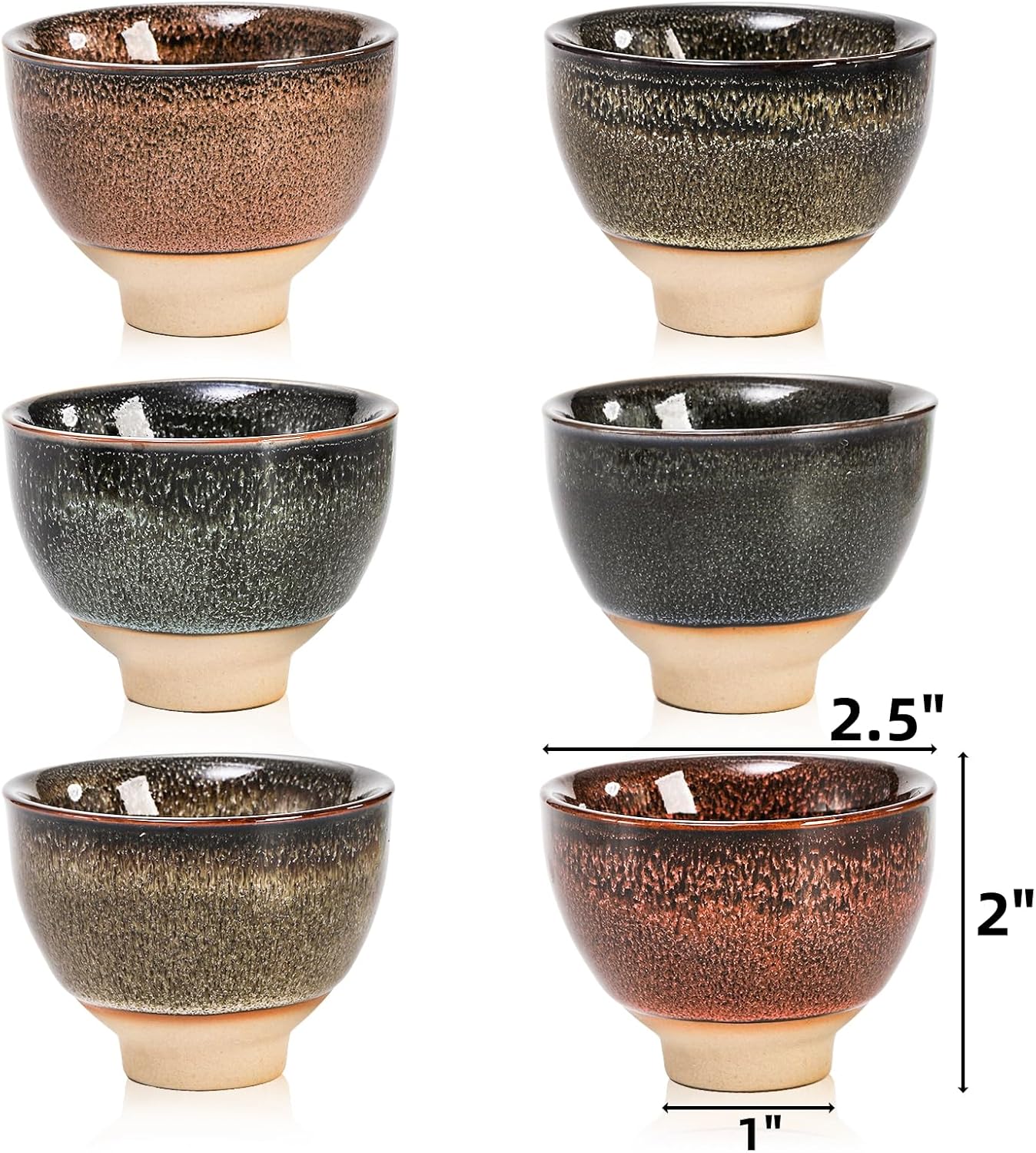 6 Pack 2oz Ceramic Tea Sake Cups, Handcrafted Chinese Kungfu Cup, Japanese Cup Set, Small for Soju Shot, Matcha, Saki, Asian Accessories, Colors