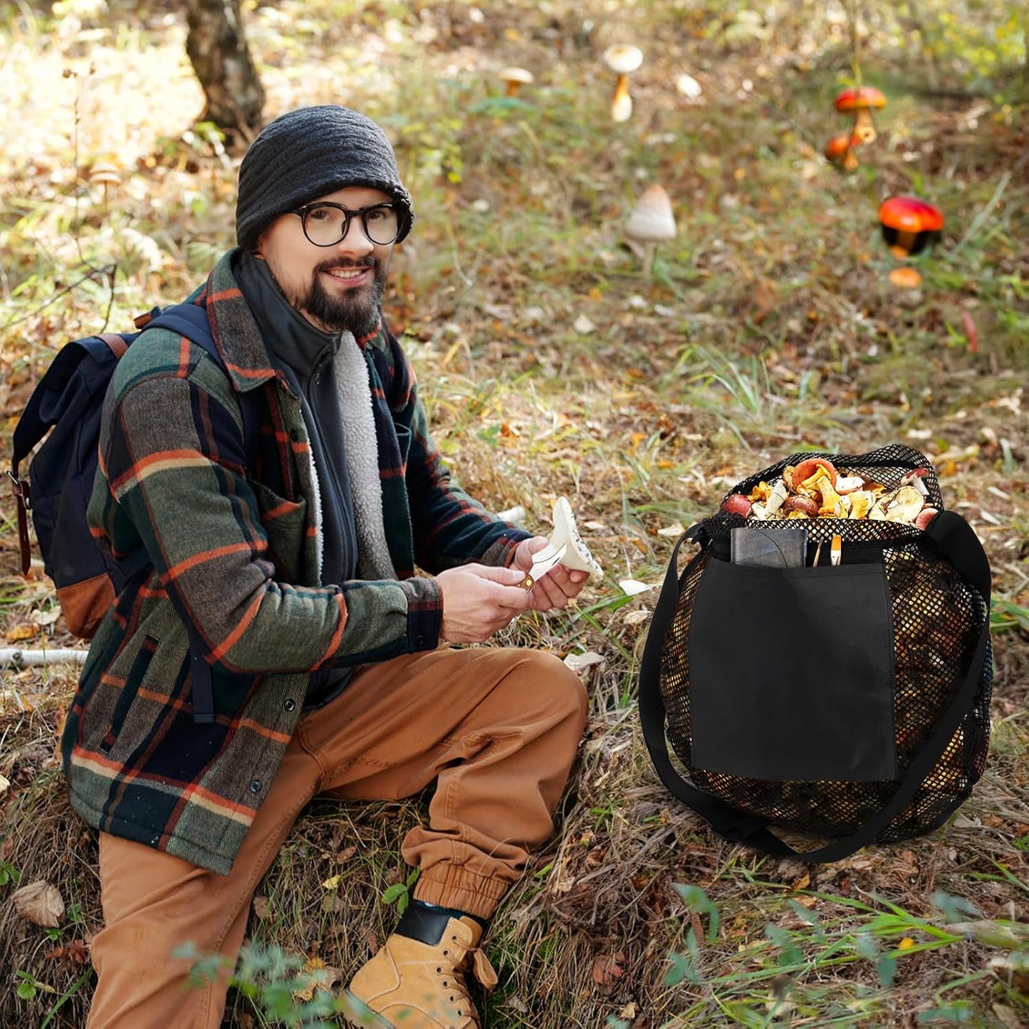 Foraging Bag, 2 Pcs Mushroom Kit with Bag and Foldable Knife, Morel Picking Basket, Practical Collecting Supplies Tools for Decor Lovers