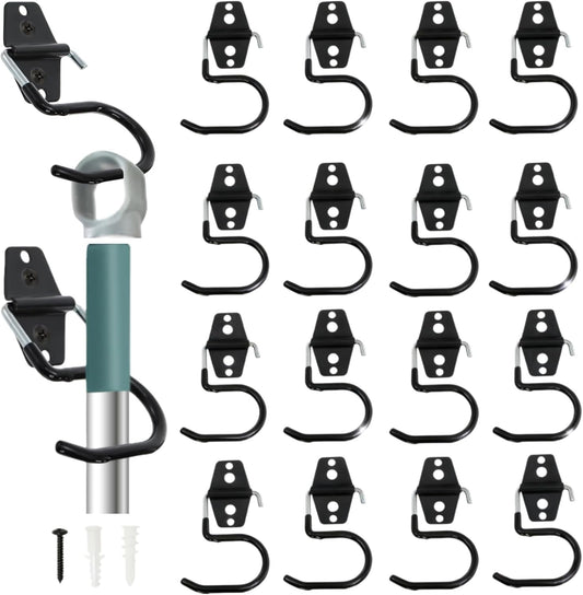 16 Pack Metal Broom Hooks, Heavy Duty Garage Holder Wall Mount, S Type Anti-Slip Mop Rack, Cleaning Tools Storage Organizer Hanger for Shovel Rakes Shed Garden Lawn Yard