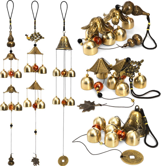3 Packs Lucky Wind Chimes, Chinese Bell, 6-Bell Vintage Hanging Bell Chimes with Gourd Dragon Peacock Coin for Good Luck Wealth Blessing, Home Garden Patio Decoration