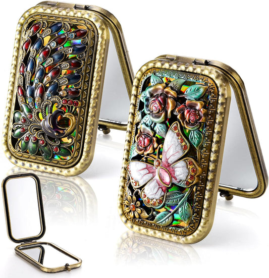 2 Pcs Vintage Foldable Makeup Mirror, Portable Cosmetic Pocket Double Sided Butterfly Peacock Vanity Metal Compact Small Folding Travel Mirror for Woman Girls