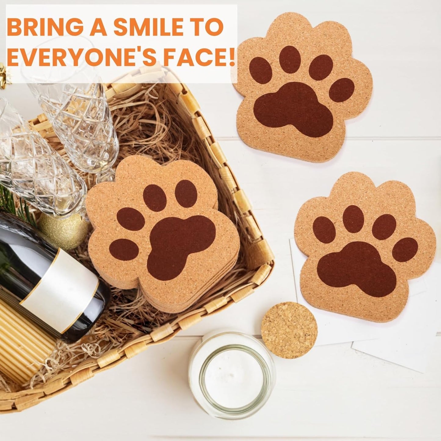 12 Pack Cork Coasters for Drinks, 4.7" Absorbent Cup Mat Set, Heat Resistant Kitchen Coasters, Reusable Cat Paw Shape Table Protection Trivet Glasses Mugs, Room Decor, Housewarming Gifts