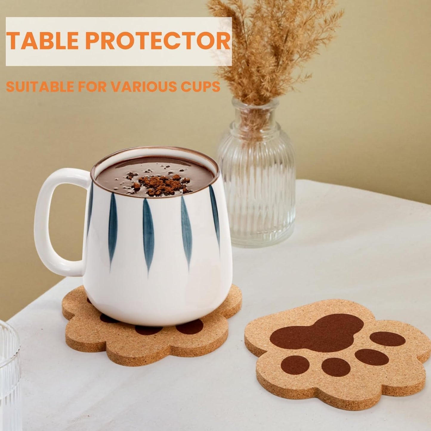 12 Pack Cork Coasters for Drinks, 4.7" Absorbent Cup Mat Set, Heat Resistant Kitchen Coasters, Reusable Cat Paw Shape Table Protection Trivet Glasses Mugs, Room Decor, Housewarming Gifts