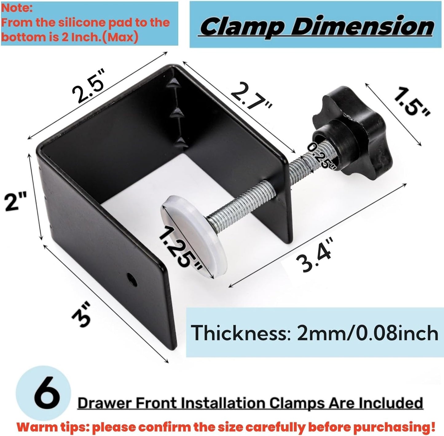6 Pack C Clamps, 2 Inch Drawer Front Installation Clamp, Heavy Duty Cold Rolled Steel Desk Fixing Clip for Cabinet Mounting, Woodworking, Welding, and Building