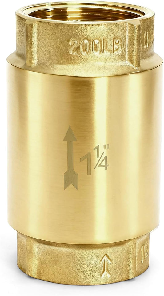 1-1/4 Inch Brass Check Valve, Universal One Way In Line Valves with Backflow Prevention, No Return Female Pipe Thread for Garden Hose Well Pumps Irrigation Systems, 1.25'' FNPT