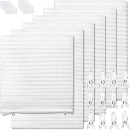 6 Pack Temporary Window Blinds, Light Filtering Paper Pleated Shades, Cordless Fabric Coverings with Adhesive and Clips, No Drilling Free Cut Size Curtains for Bedroom, White