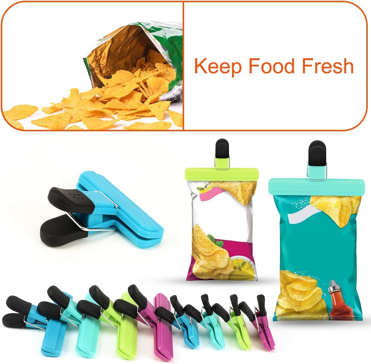 Potato chip clips - 8-pack - Food clips - Bag opening clips - For food storage - Snack preservation - Bag sealing clips - Moisture-resistant sealing clips