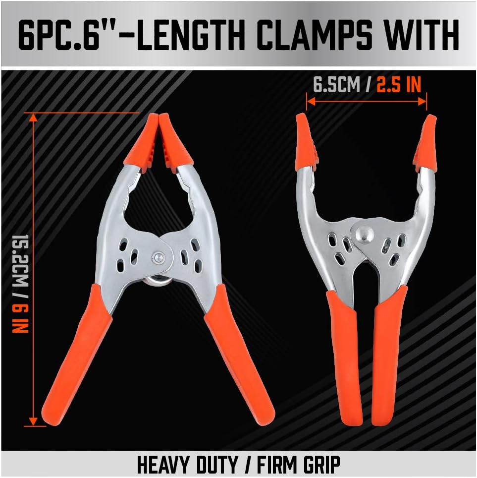 Spring Clamps - Set of 6 - 6 inch - Heavy Duty Spring Clamps - Metal Spring Clamps - Fastening Clamps - A-frame Clamps - Fastening Clamps for Woodworking - Jaw Opening 2.5 inch