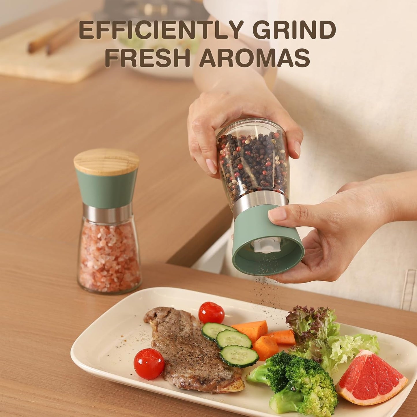 Grinder - Salt and pepper mill - Adjustable grind size - Wooden lid - Stainless steel - Coarse salt and pepper mill - Kitchen - Gift - Handheld spice mill - Two-piece - Green